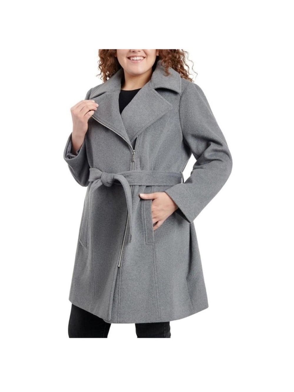 ADDITION ELLE wool blend Pea Coat fully lined pockets belted grey size XL